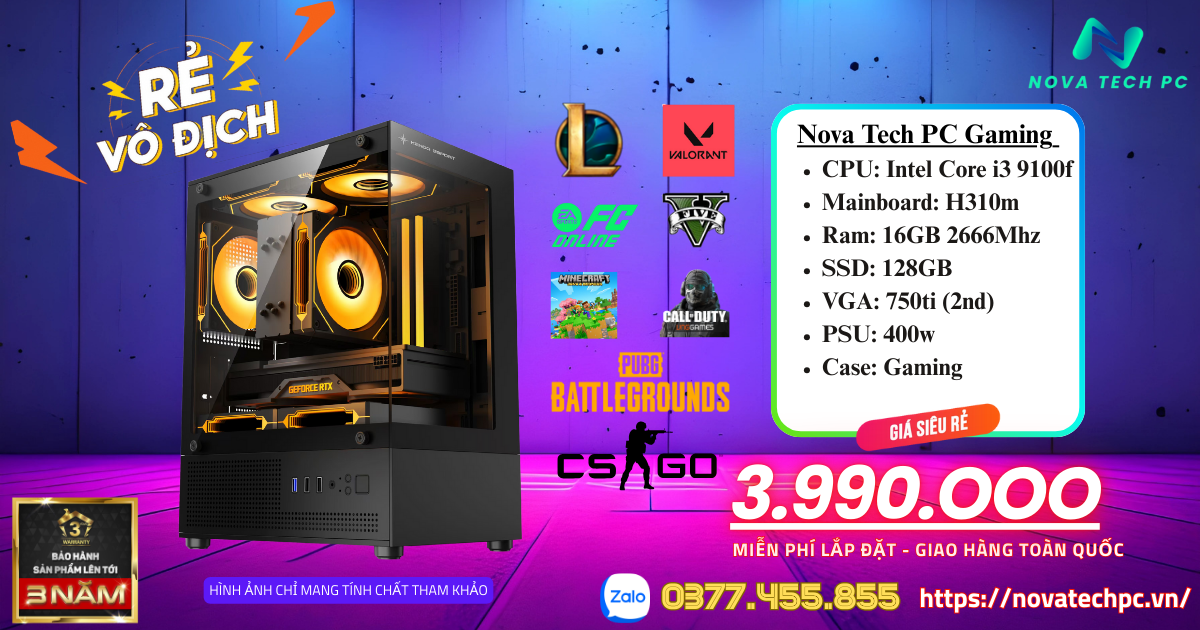 Nova Tech PC Gaming Core I3 9100f| GTX 750ti| Ram 16G| SSD 128GB